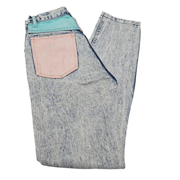 80s Acid Wash Cap Ferrat Denim Blue Jean Pink Blue High Waisted Mom Jeans Size 7 - Picture 1 of 13